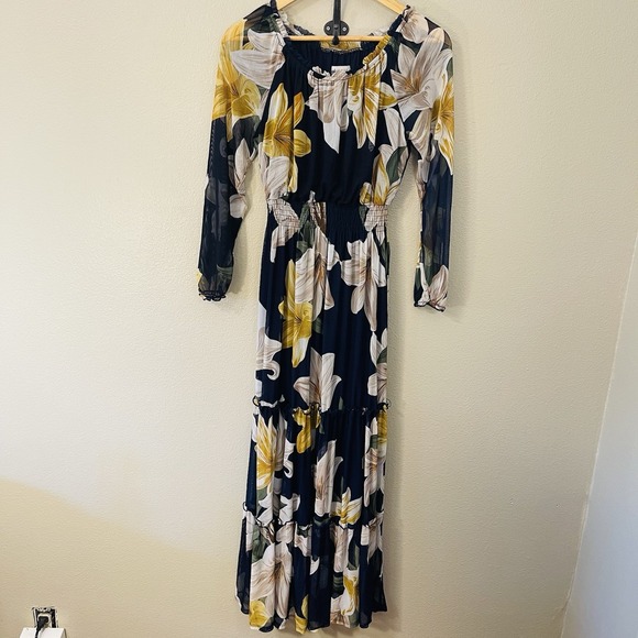 Flowers by Zoe Dresses & Skirts - Kate & Lilly Floral Maxi Dress Mesh Long Sleeve Navy Yellow Tiered Ruffles Sz 4